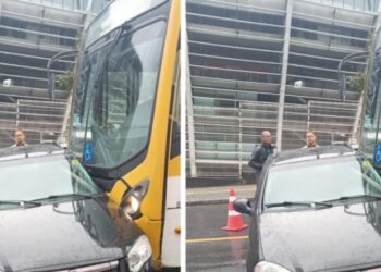 Acidente entre ônibus e carro deixa ladeira da Fonte das Pedras congestionada