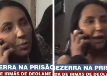 Daniele Bezerra se irrita com a imprensa na porta do presídio