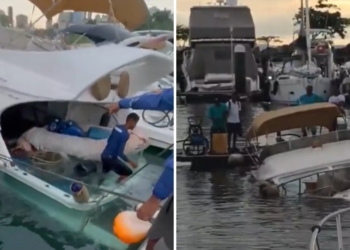 Lancha afunda parcialmente na Bahia Marina e é retirada do píer